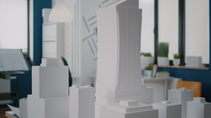 Modello architettonico di un grattacielo e di una città