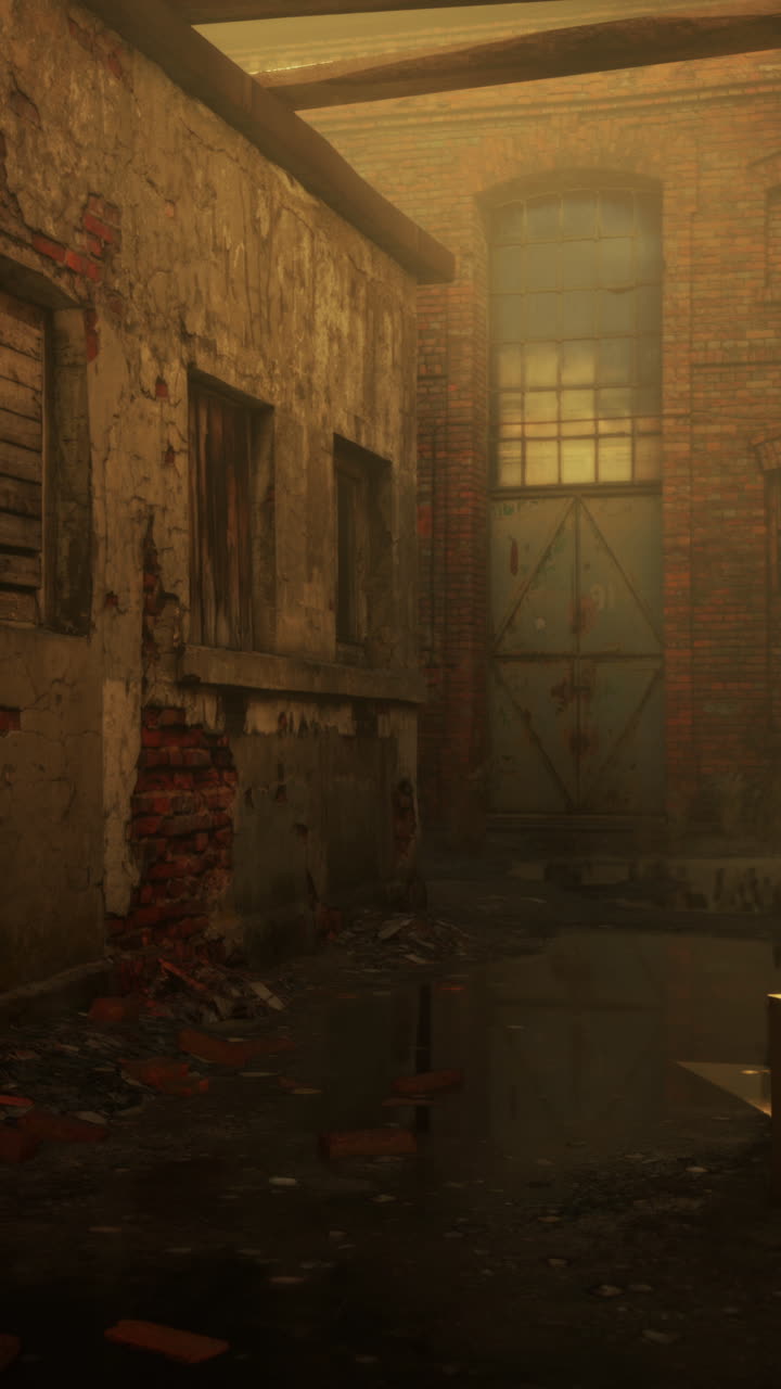 edificio industrial abandonado en la niebla