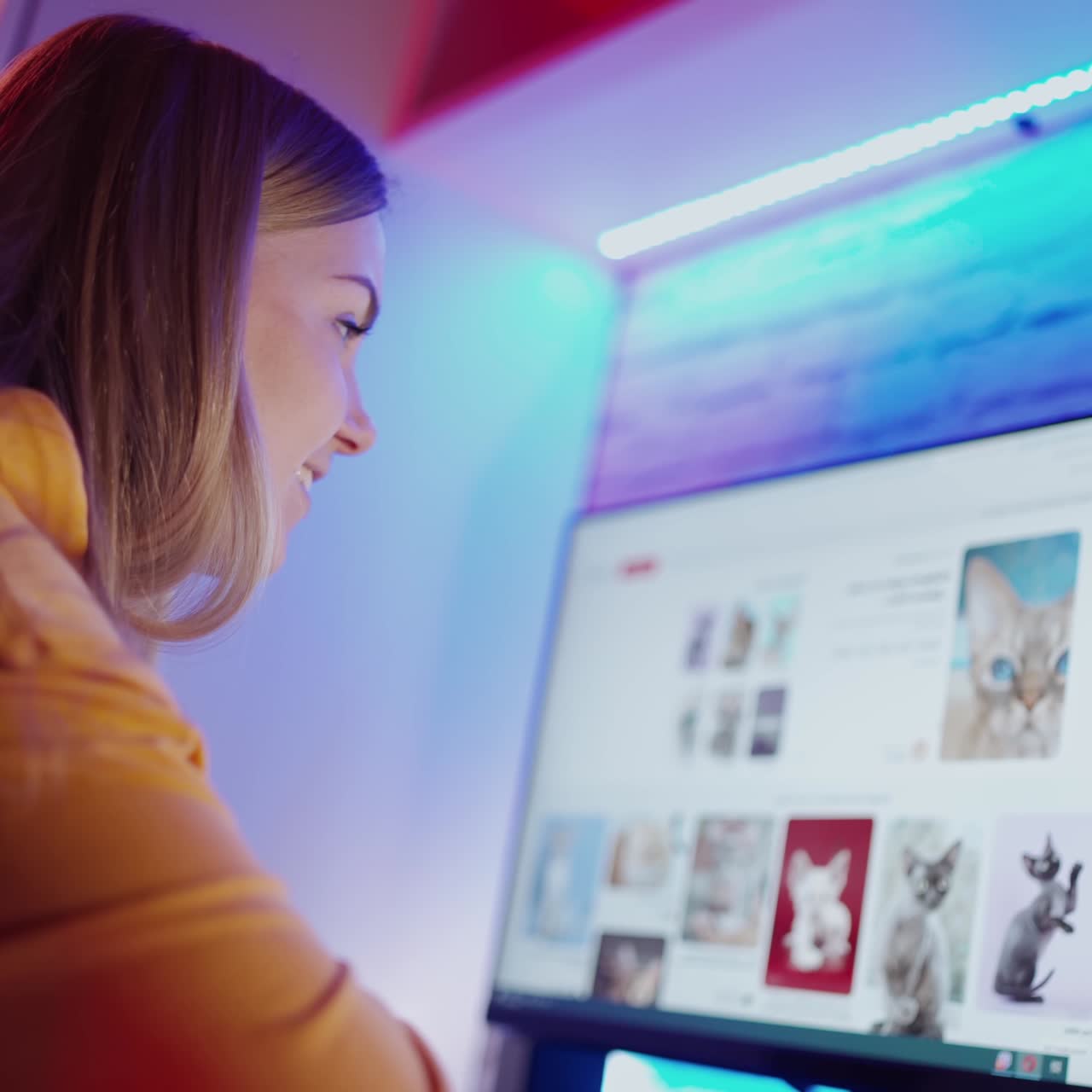 . Girl using computer in house. Young girl using computer at home