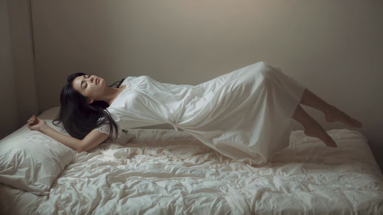 Luzes de parede brilhantes erguendo mulher de camisola branca da cama, levitando com olhar sereno