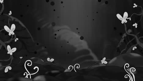 2D-animated-landscape,-in-black-and-white,-floating-particles,-plants-and-butterflies-move