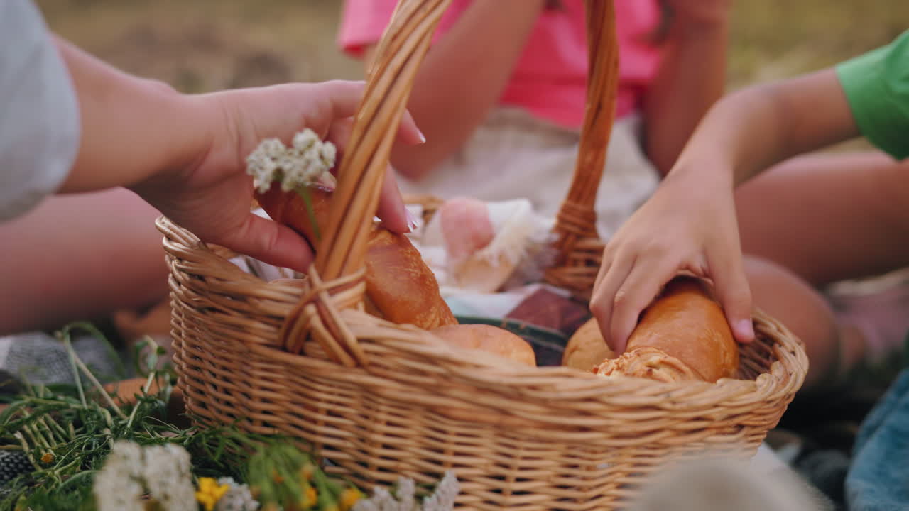 primer plano de personas sentadas al aire libre recogiendo pasteles frescos de una canasta de picnic, un niño pequeño se come rápidamente su regalo elegido mientras otros eligen el suyo, momento de picnic familiar cálido y acogedor