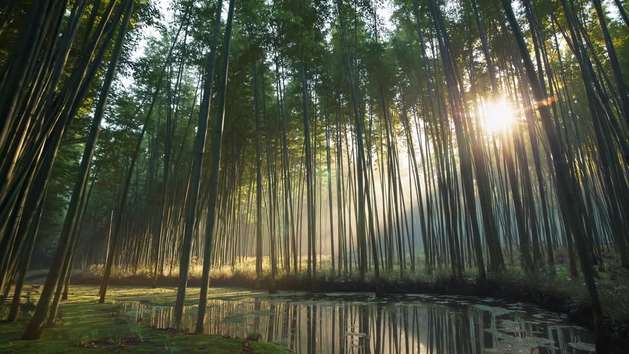 Serene bamboo forest with sunlight streaming through tall trees, captured from a low angle