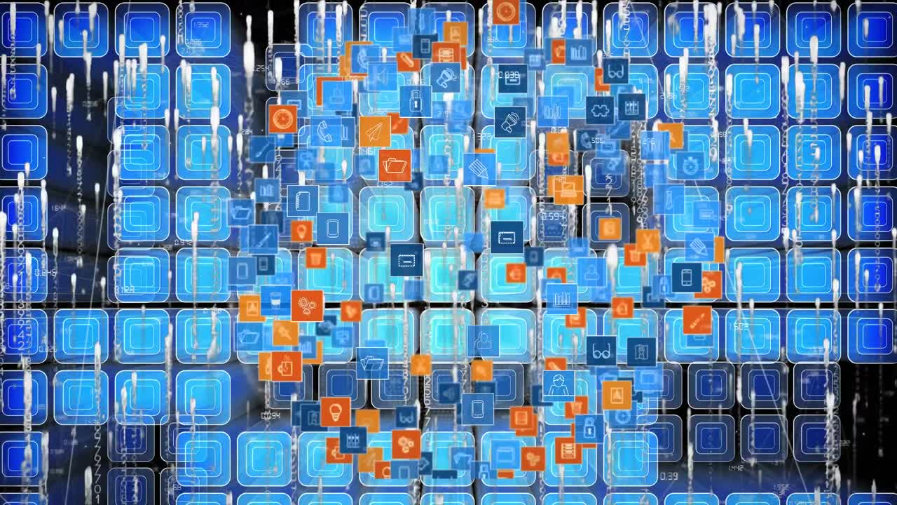 animación de rastros de luz blanca que caen con un globo giratorio de iconos conectados sobre cuadrados azules