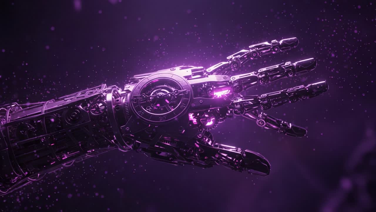 Una rappresentazione visivamente straordinaria di una mano robotica dal design complesso, illuminata da una vivace luce viola, che cattura l'essenza della tecnologia e dell'innovazione futuristiche