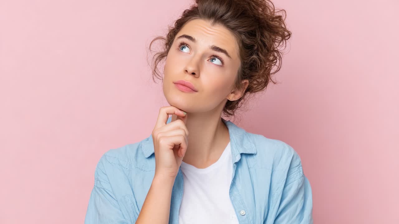Een jonge vrouw met krullend haar kijkt bedachtzaam omhoog tegen een zachtroze achtergrond, overpeinzend ideeën met een nieuwsgierige uitdrukking op haar gezicht, waarbij introspectie en een vleugje speelsheid samenkomen.