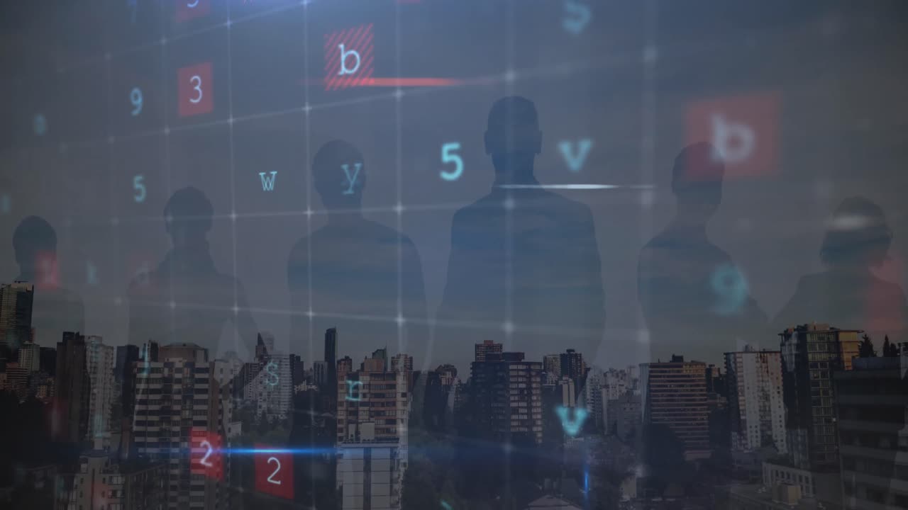 도시 풍경 위의 사이버 범죄 텍스트의 애니메이션