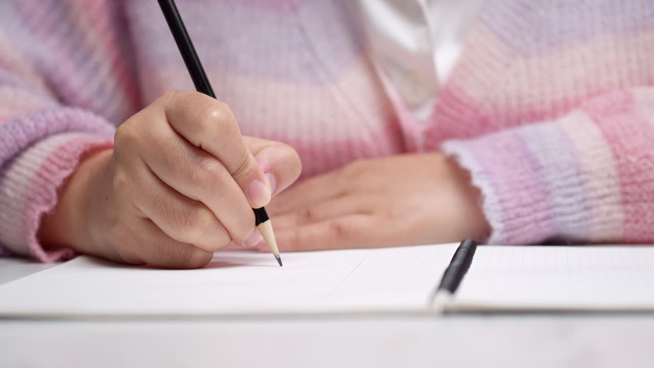 Closer shot of an individual writing, doodling, and sketching some characters on a clean notebook on top of the table
