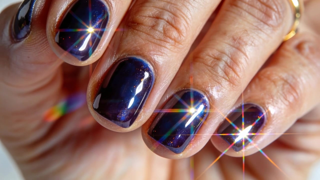 Rotating senior hand under moving light closeup revealing starbursts on purple polish and gold band