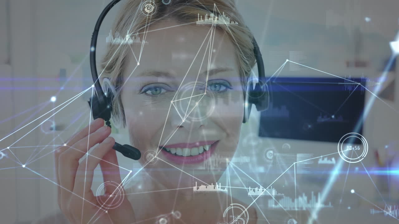Animação de rede de conexões sobre empresária usando fone de ouvido.
