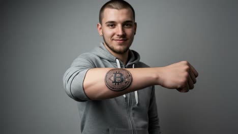 a confident young man displays his bitcoin tattoo proudly on his arm, symbolizing digital currency and personal investment in cryptocurrency culture