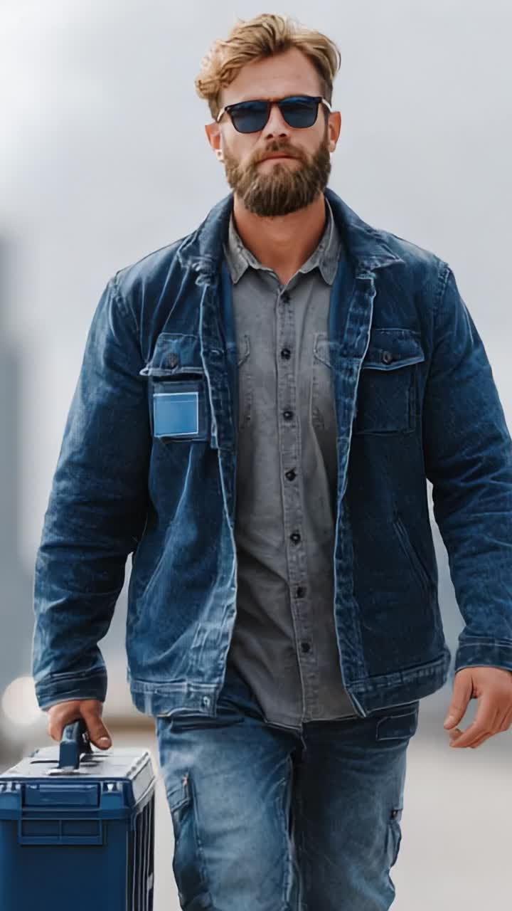 Uomo sicuro di sé in abbigliamento casual di jeans che trasporta una cassetta degli attrezzi, che trasuda stile e accessibilità in una giornata luminosa e nuvolosa con uno sfondo cittadino