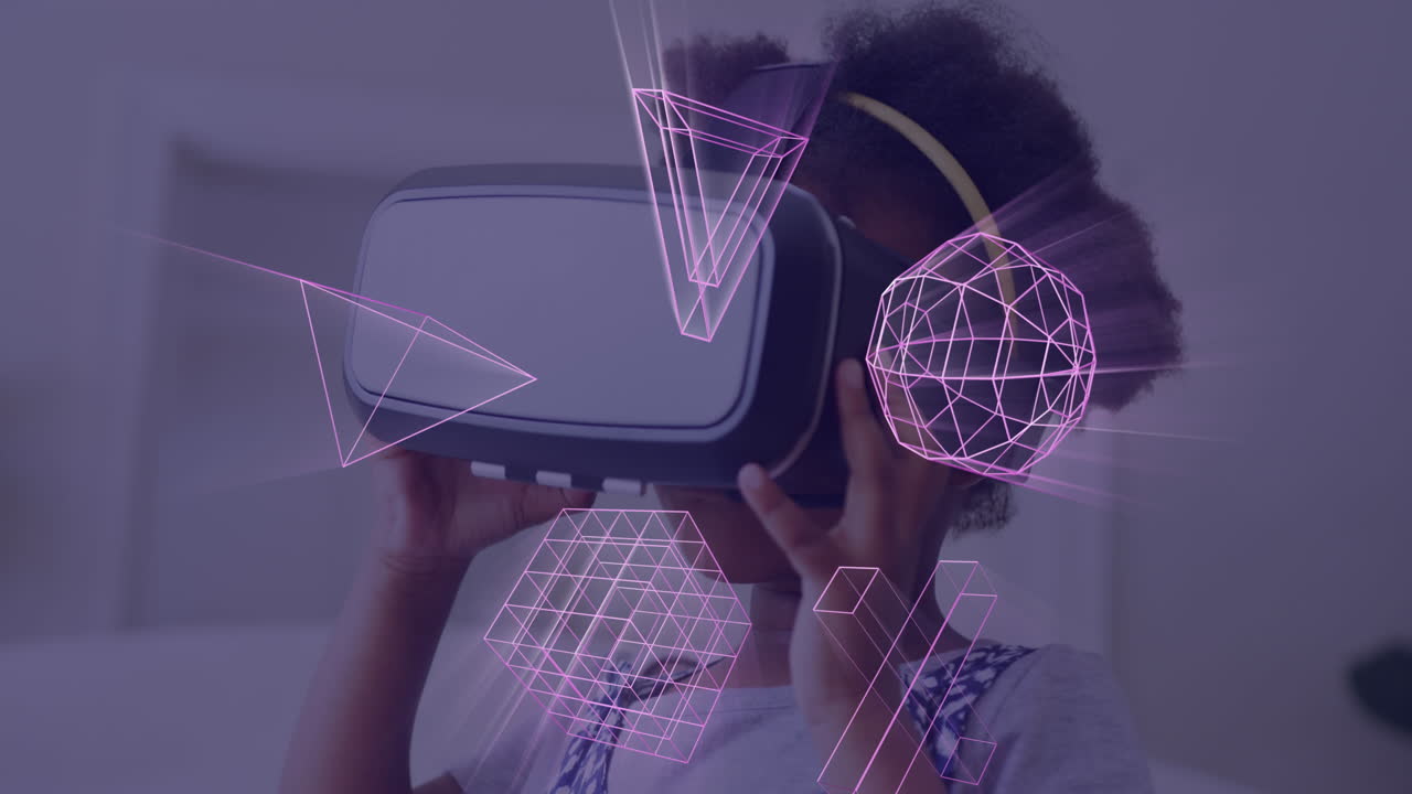 Animation of glowing 3d shapes of data transfer over african american girl in vr headset