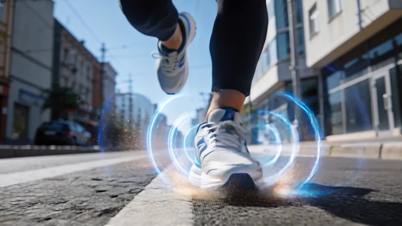 Scarpe da corsa e gambe in leggings neri che calpestano una striscia bianca su una strada cittadina, con telecamera che segue, anelli blu.