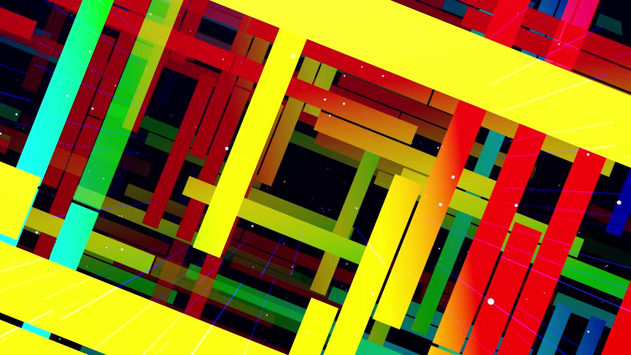 빛나는 직사각형, 줄무 및 선. 모션 디자인, vj 루프, 3d 구조, 모션 그래픽, 카메라 플라이, 추상 예술 공간, 패턴 및 입자와 함께 다층 구조, 무지개 그라디언트 색상