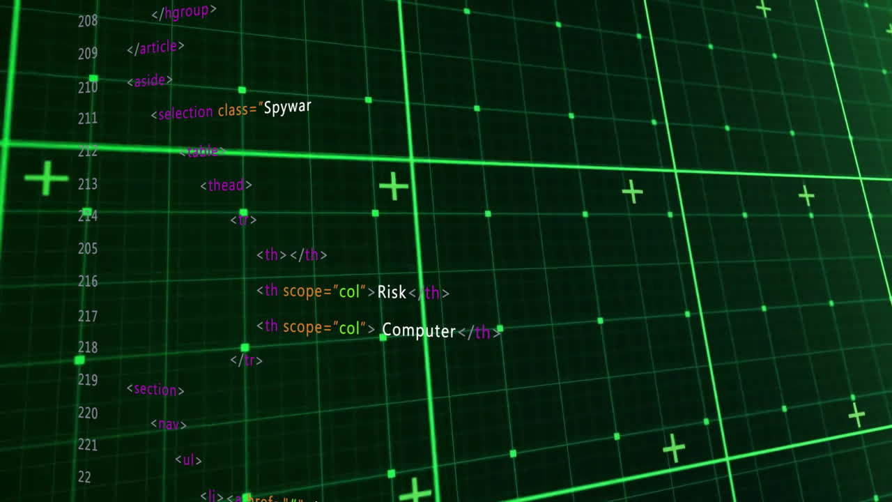 Animation of digital data processing over grid on dark background