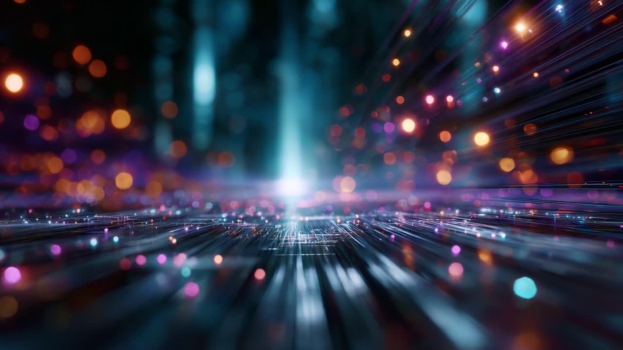 A mesmerizing display of vibrant, colorful lights and dynamic patterns conveying a sense of motion and energy, showcasing an ethereal digital landscape