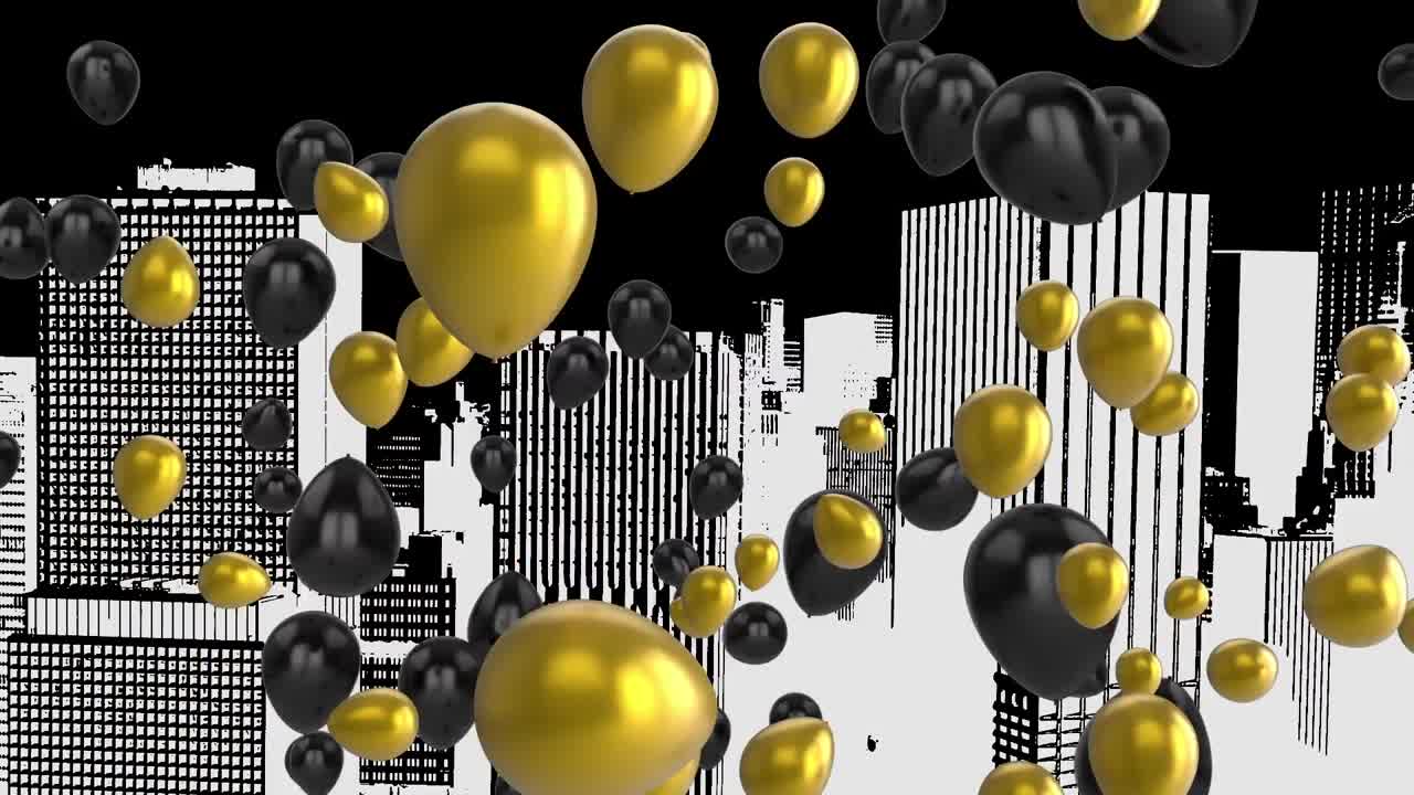 animación de globos y paisaje urbano sobre fondo negro
