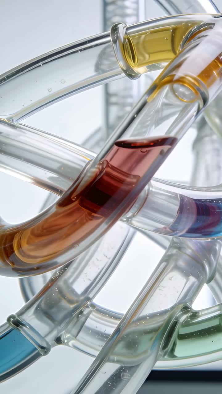 Vertical video: Shifting under gravity, clear tubes carrying colored liquids in lab showing bubbles