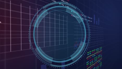 Animation-Von-Ladekreisen,-Schild-über-Diagrammen-Und-Handelstafeln-Vor-Schwarzem-Hintergrund