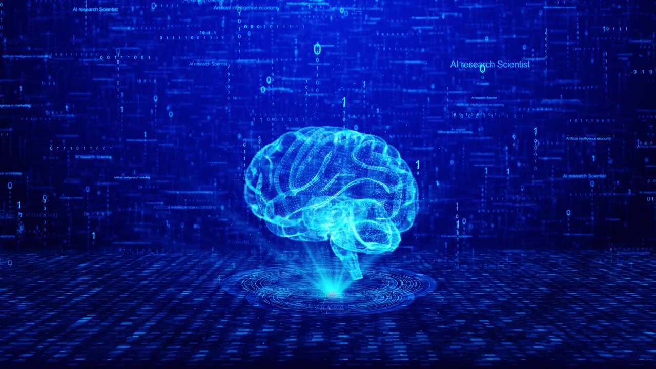 Neural ai brain data visual luminous cyan brain floating code words digital floor grid ai research