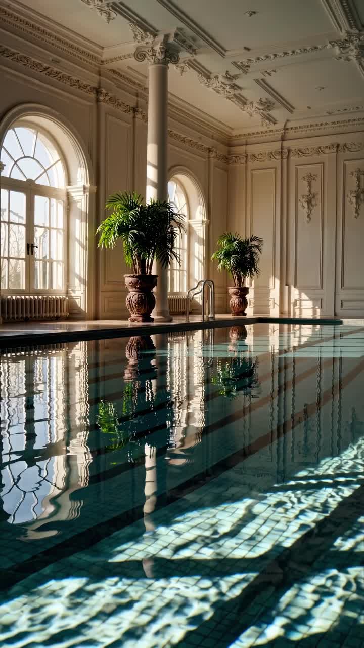 Elegant indoor pool with classic decor, viewed from a low angle