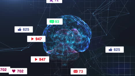 3d wireframe brain pulsating neon data currents while social media badges floating around dark grid