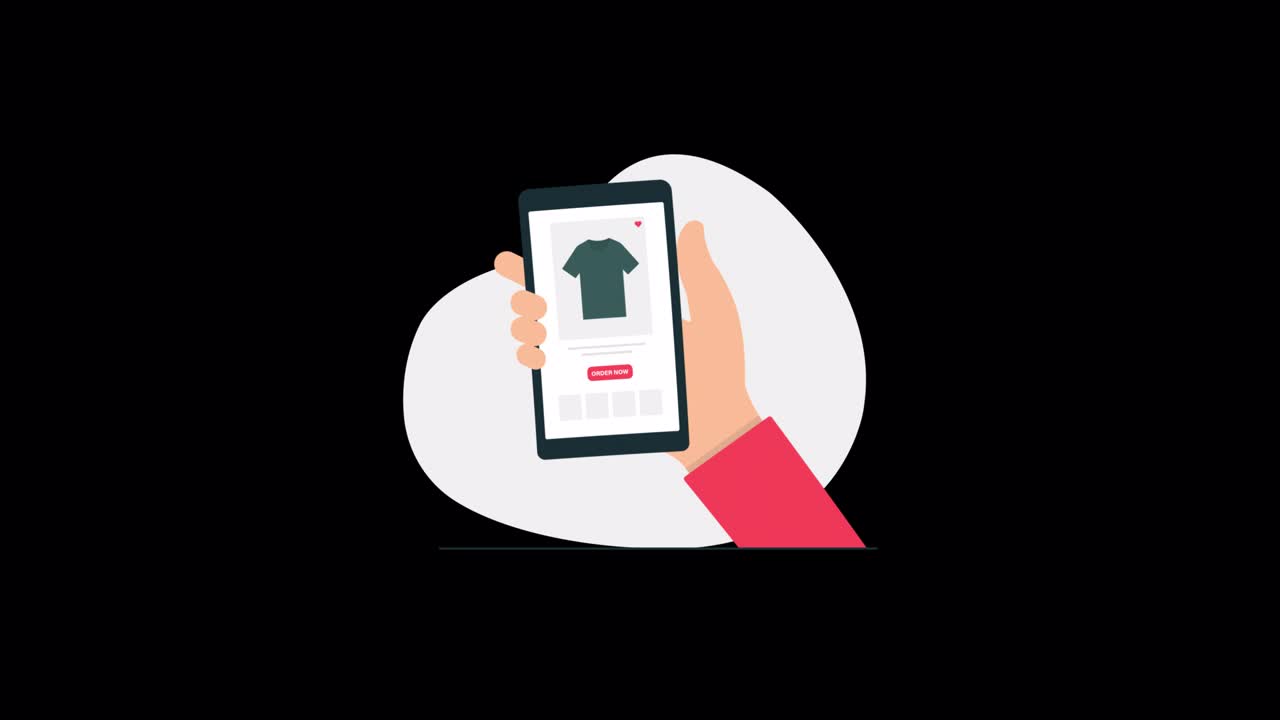 Mano animata che tiene uno smartphone per lo shopping online
