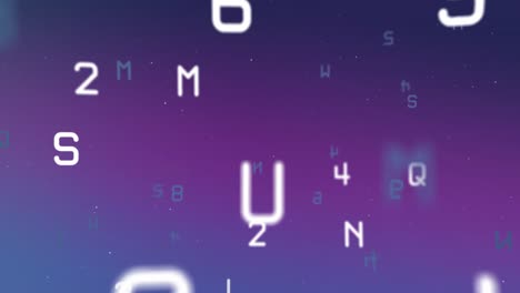 Changing numbers and alphabets floating against blue and purple gradient background