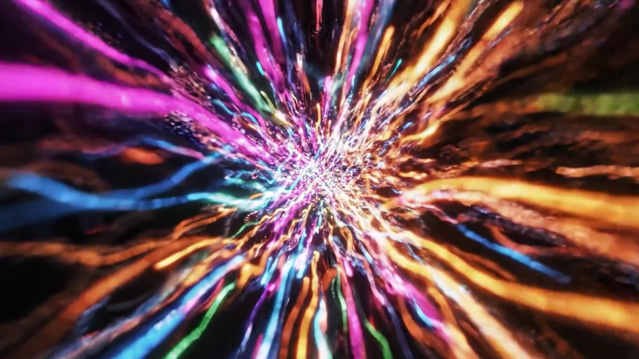 A vibrant explosion of colors radiating in different directions, creating an abstract visual that captivates the viewer with its dynamic light trails and energetic motion.