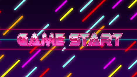 Animation-of-game-start-text-over-colorful-light-trails-in-seamless-pattern-on-blue-background