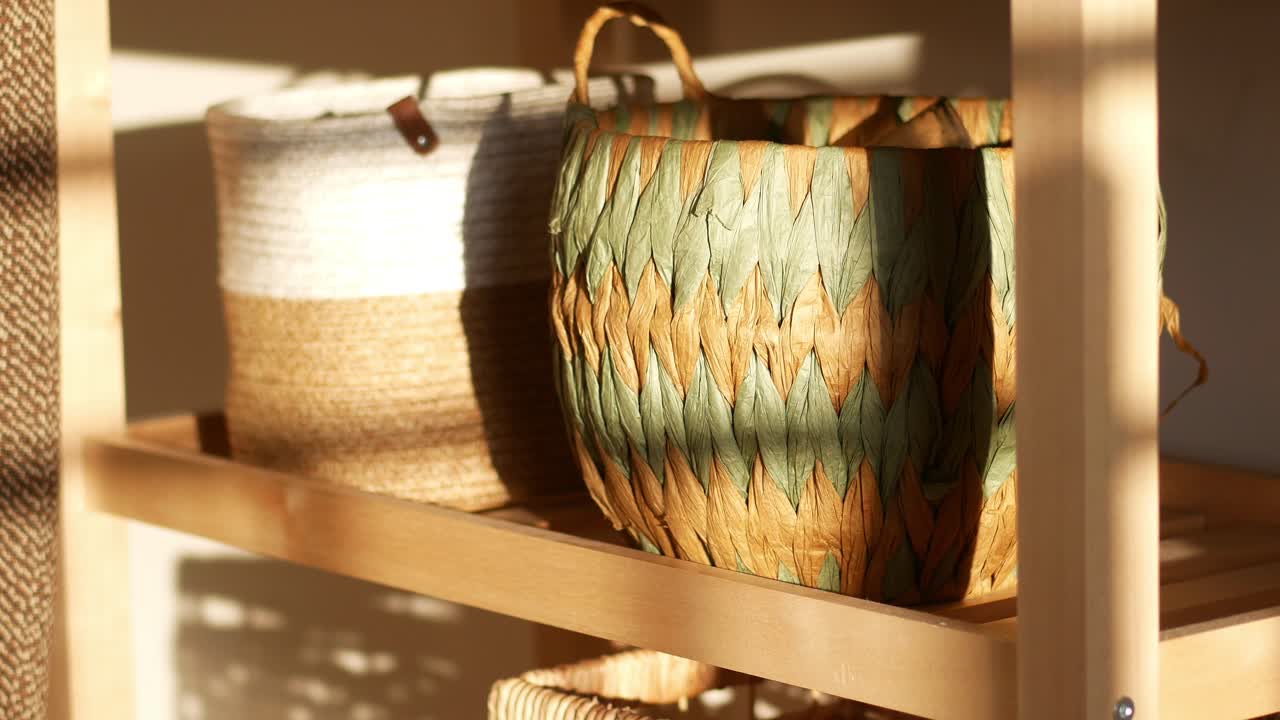 Wooden Shelves with Woven Baskets
