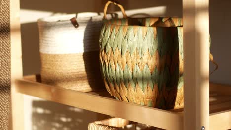 wooden shelves with woven baskets