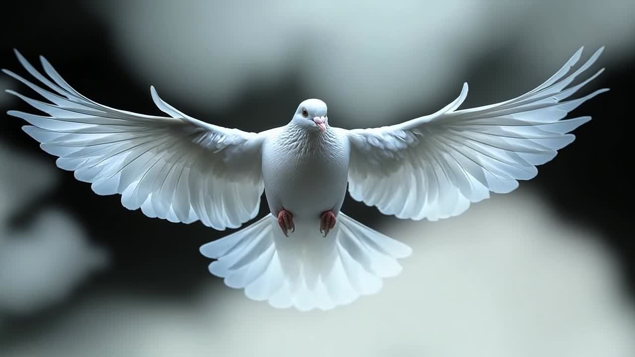 Paloma volando sobre un fondo suave. Una paloma blanca se desliza con gracia con las alas extendidas, mostrando su elegancia en una atmósfera serena