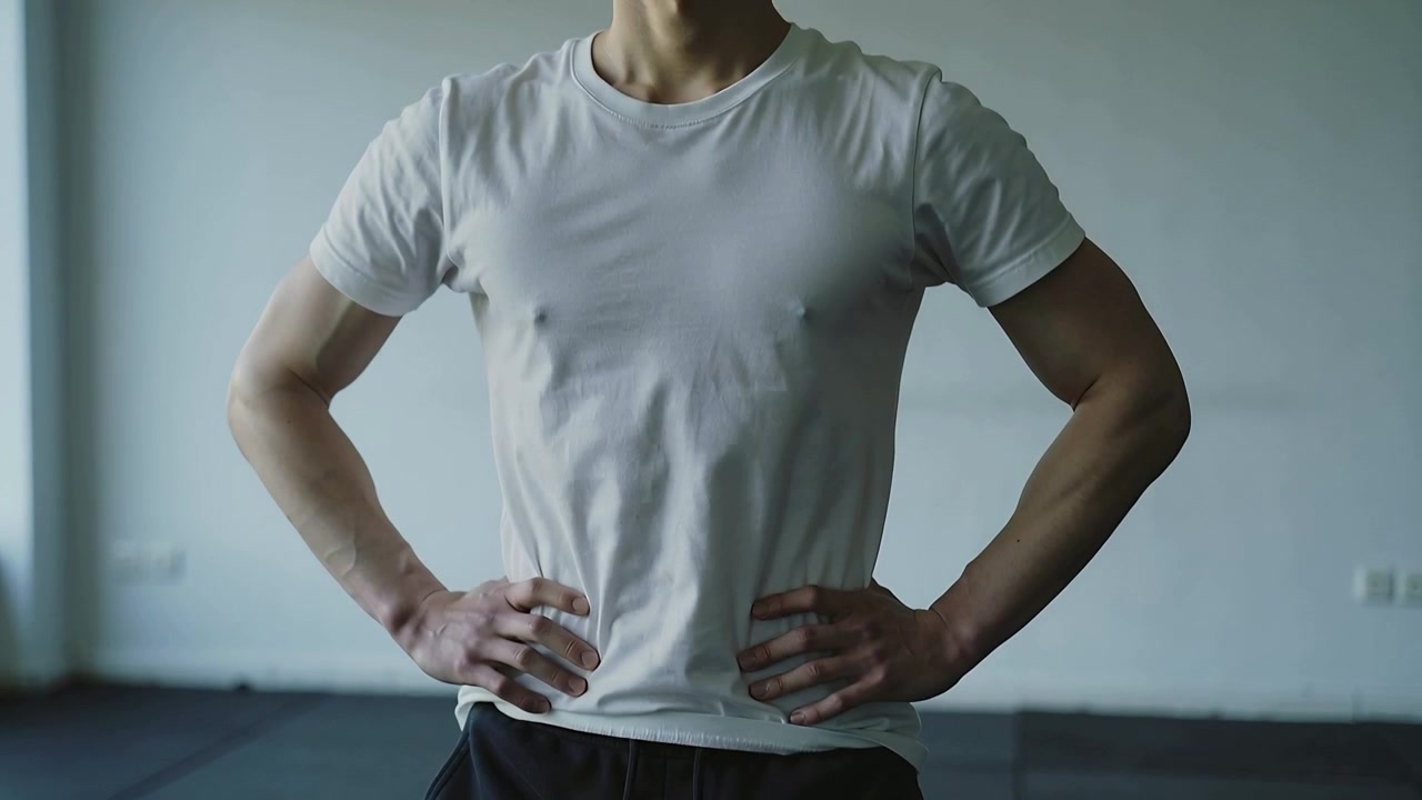Torso di un uomo adulto che respira, sposta le mani sui fianchi in una sala di allenamento, indossa una maglietta aderente, fa riscaldamento