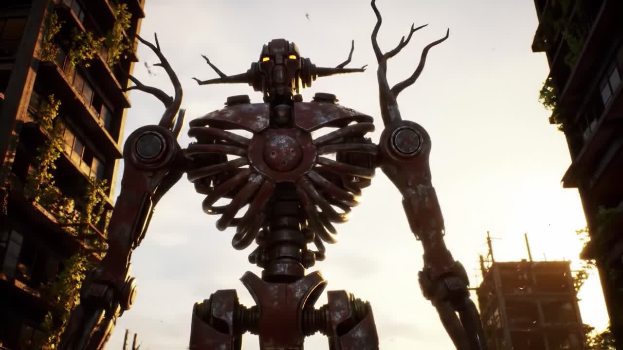 Mysterious Mechanical Guardian Stands Tall Amongst Overgrown Ruins: A Journey Through a Post-Apocalyptic World Where Nature and Technology Coexist