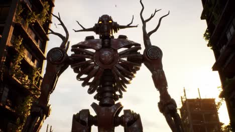 mysterious mechanical guardian stands tall amongst overgrown ruins: a journey through a post-apocalyptic world where nature and technology coexist