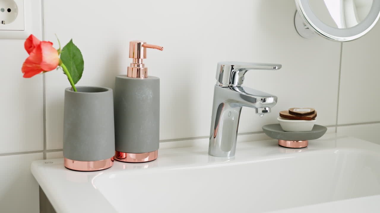 Modern Bathroom Sink with Gray Accessories and Rose