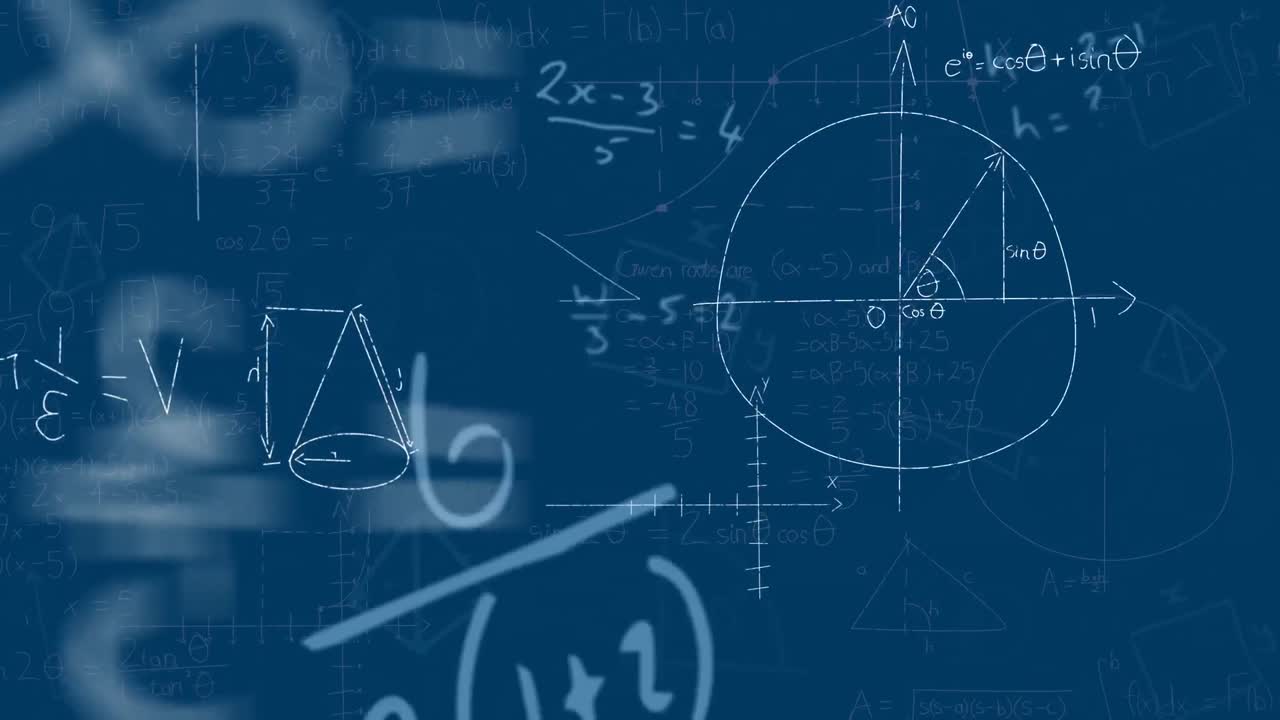 파란색 배경에 떠다니는 수학 방정식과 다이어그램의 애니메이션