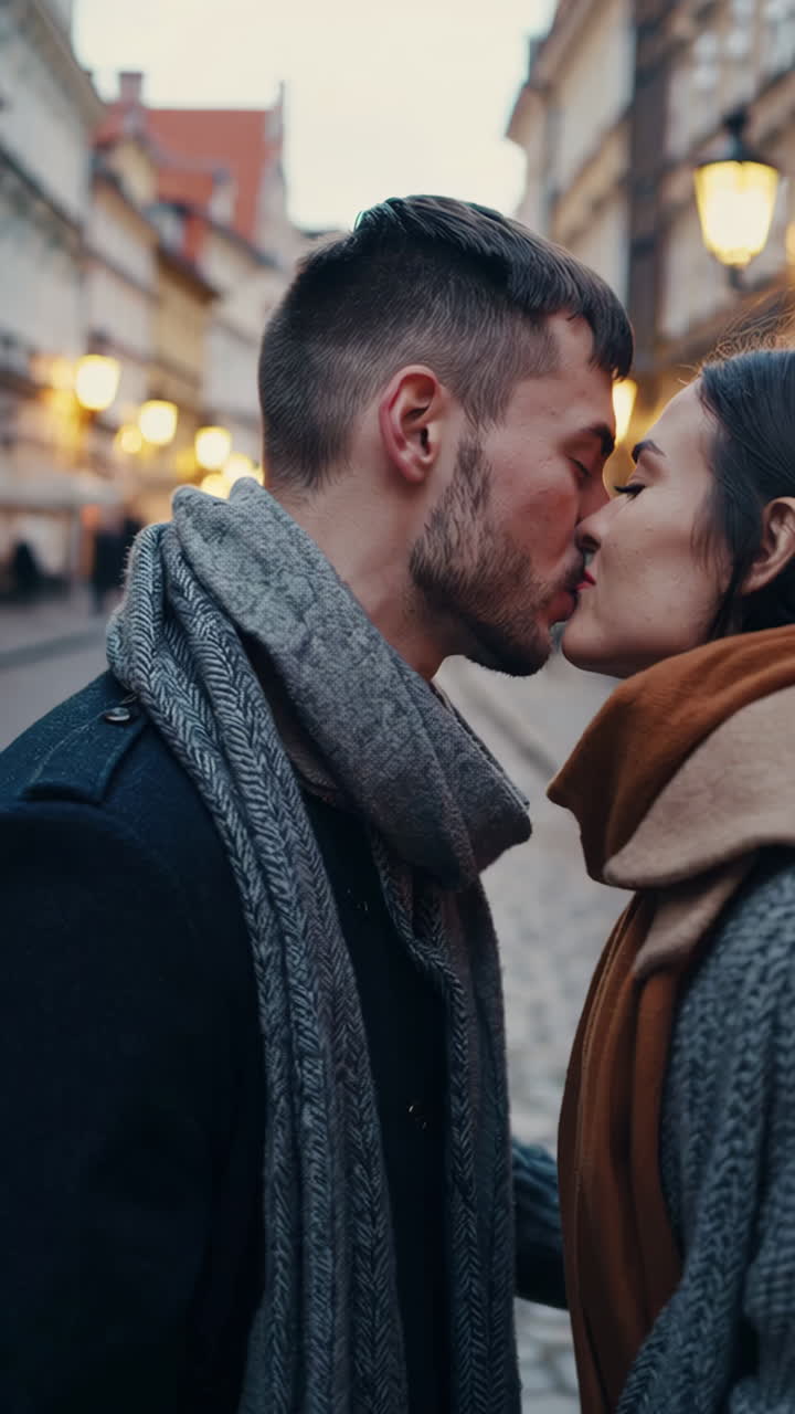 Coppia romantica che condivide momenti intimi su una strada cittadina