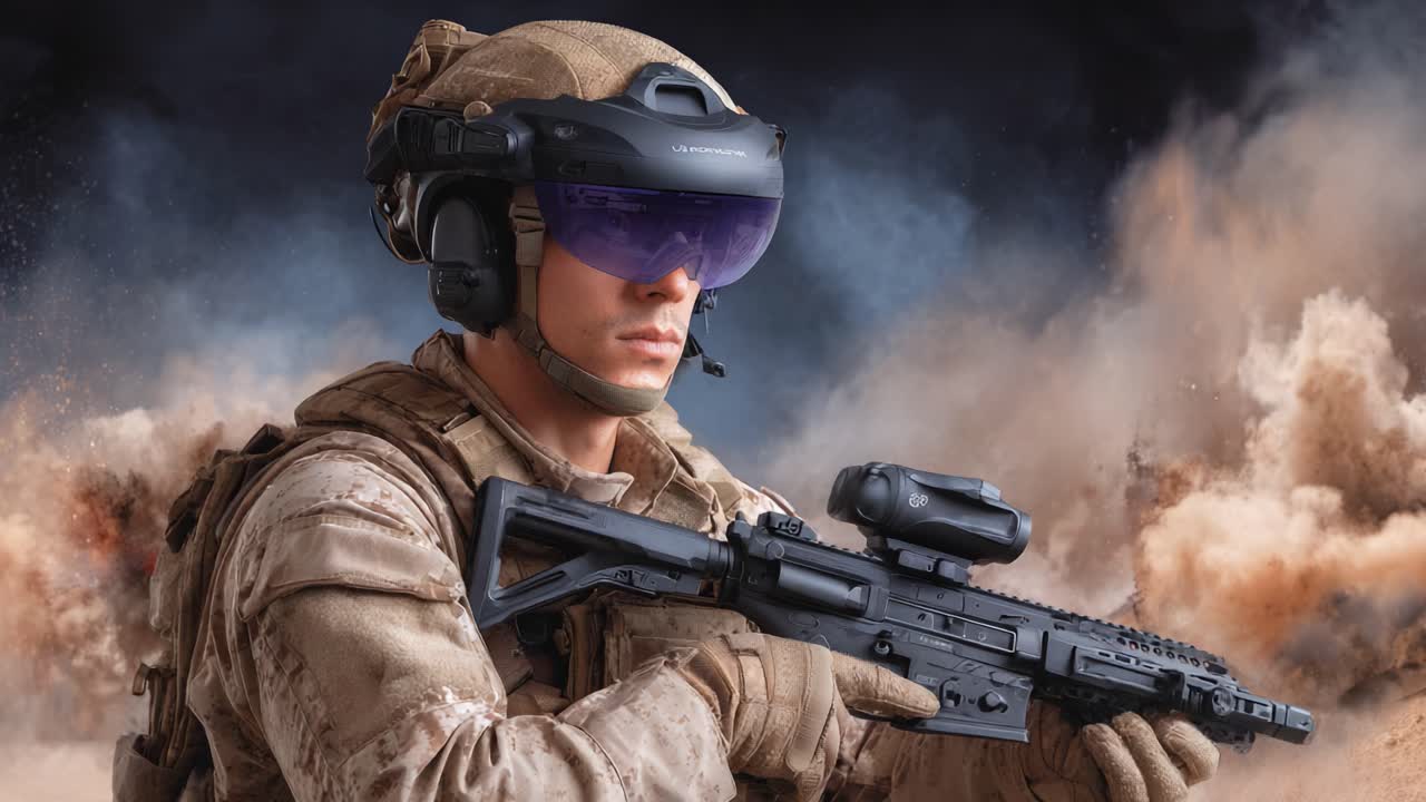 A soldier equipped with advanced technology stands resolutely in the midst of a dramatic battlefield explosion, showcasing the fusion of modern warfare and virtual reality enhancements
