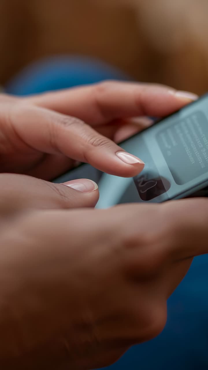 Vertikální video: Ukazováček pravé ruky začíná přejíždět, ruce ťukají na telefon na pohovce, sledování modré obrazovky