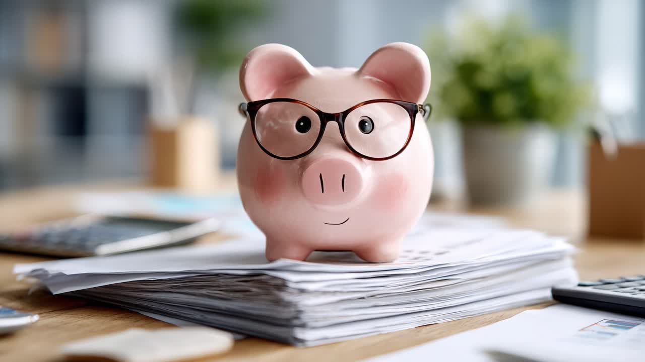 A charming piggy bank with glasses, thoughtfully positioned on a pile of paperwork, symbolizing savings, finance, and budgeting in a contemporary workspace