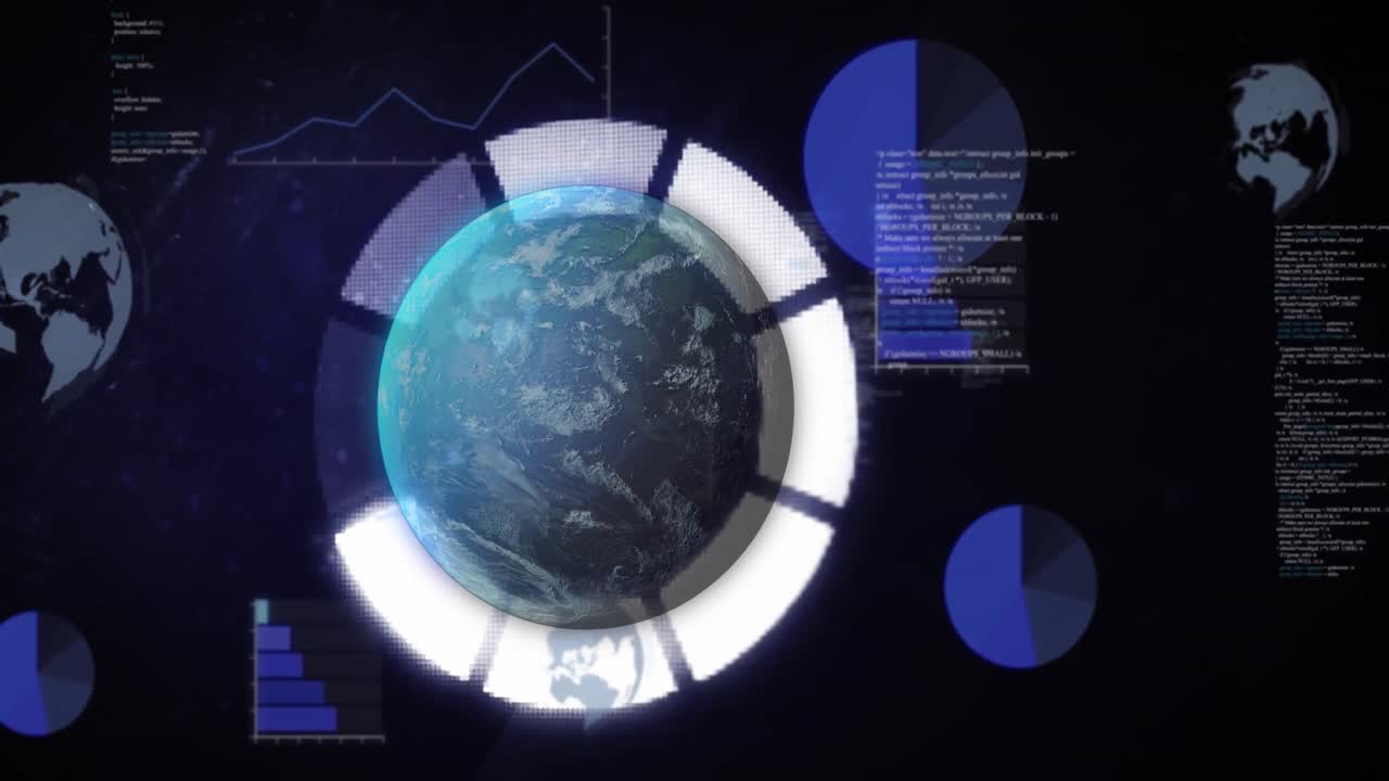 Animation of financial data processing and statistics over globe