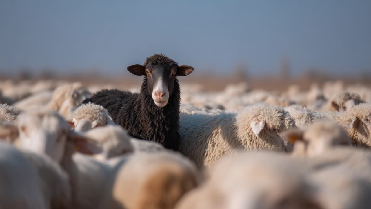 A solitary black sheep stands out amidst a sea of white sheep, emphasizing individuality and uniqueness in the herd