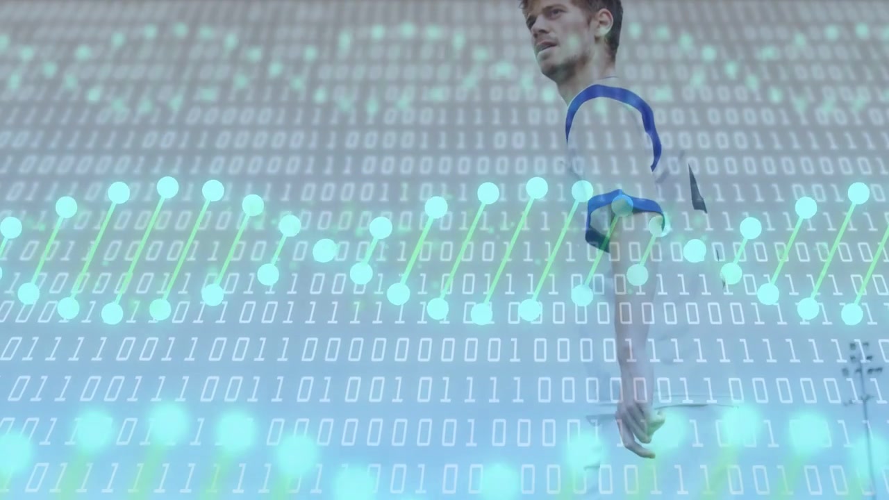 Male athlete walking sports pitch spotting offcam cue turning leaping binary net overlay tracking