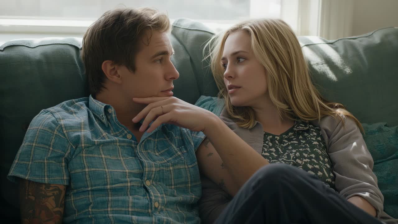 Reaching woman touching man's chin, man turning, relaxing affectionately on green couch, cardigan