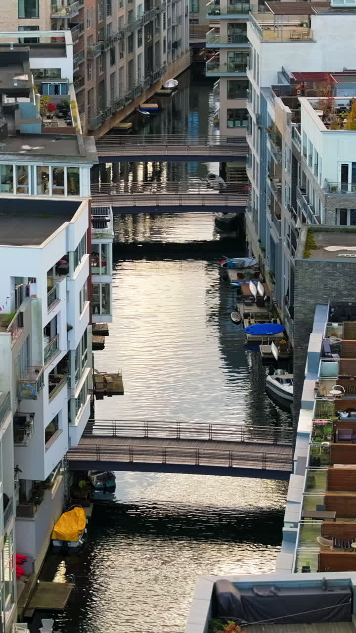 Aerial drone view of the Teglholmen peninsula in the South Harbour of Copenhagen, Denmark. Vertical