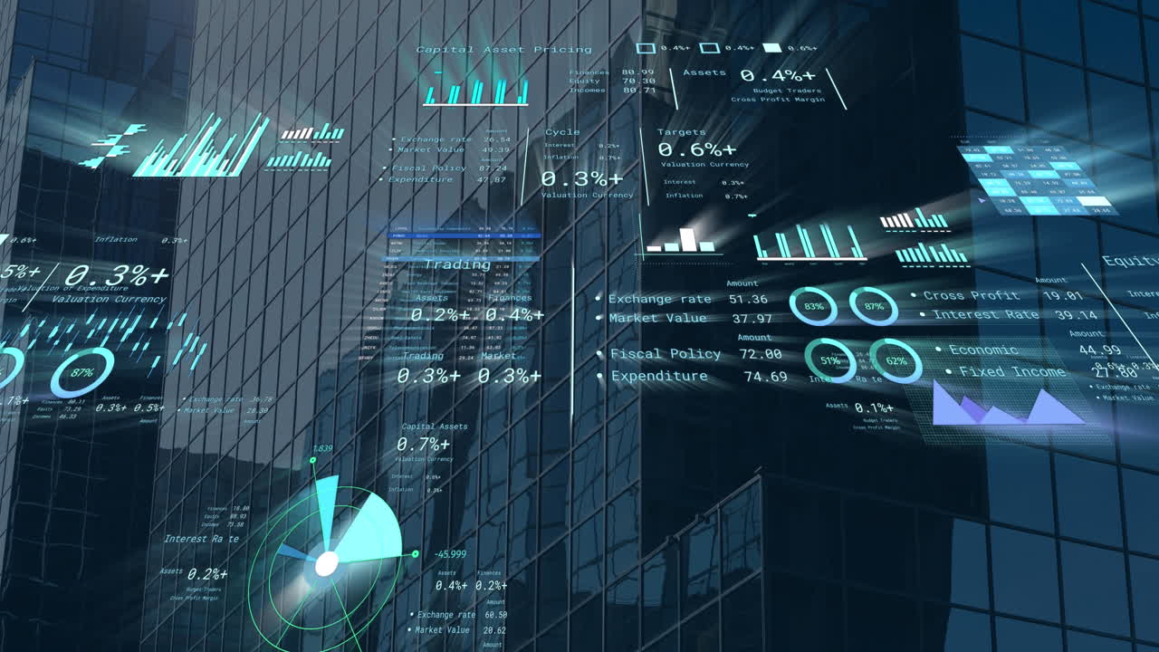 Animation of financial data processing over cityscape