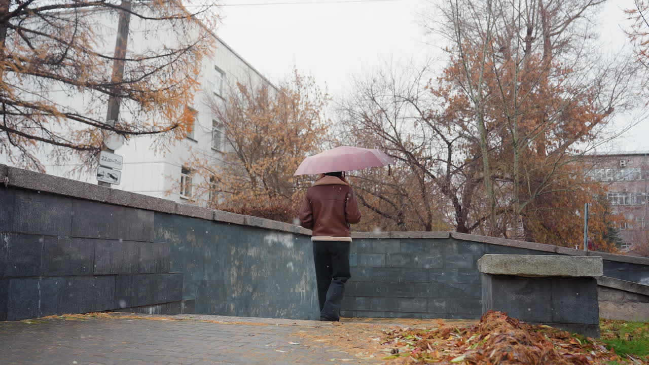 Back shot of female walking in light snowfall, holding umbrella, wearing knit cap, brown shearling jacket, black trousers, one hand in pocket. Colorful autumn leaves scattered on the ground